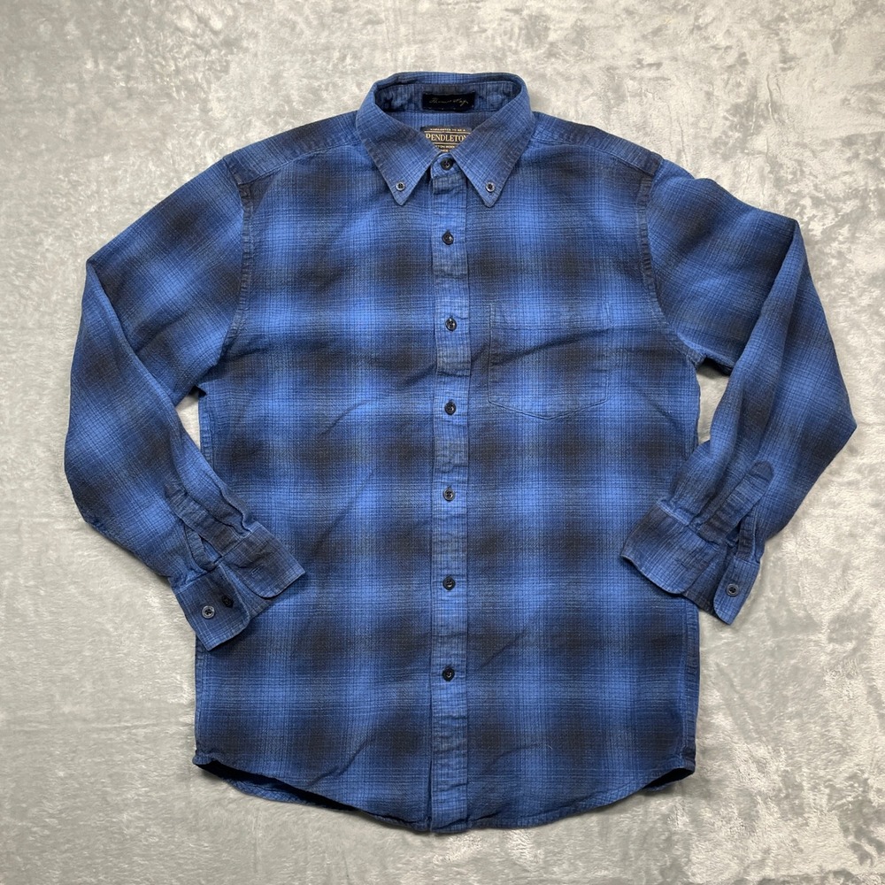Pendleton Button Down Shirt Mens Small Blue Black Ombre Plaid Thomas Kay Cotton